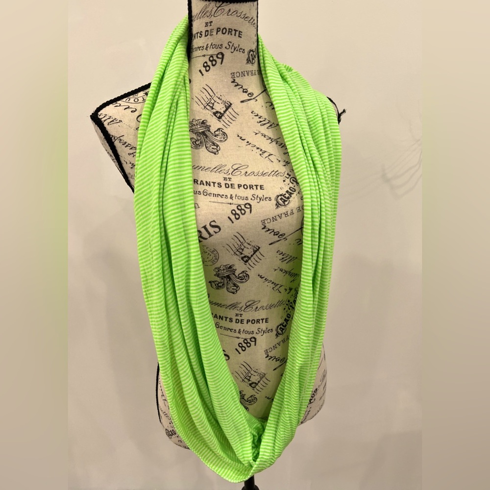 Infinity scarf, green and white stripes, barely used.